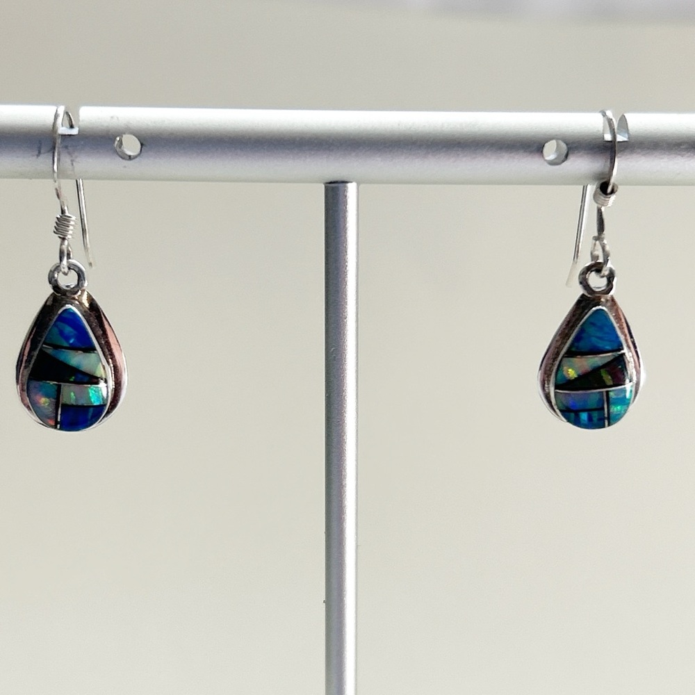 Signed Southwestern Opal Inlay Sterling Silver Teardrop Earrings - Picture 3 of 10